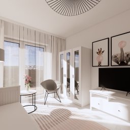 Vastriya Design - Jasny pokój dziecięcy z łóżkiem, szafą z lustrami i grafikami zwierząt z balonami. Okno z widokiem na miasto. Minimalistyczny, nowoczesny styl.