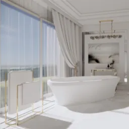 Jasna łazienka z wolnostojącą wanną i dużym oknem, przez które widać zieleń. Złote akcenty w postaci wieszaka na ręczniki i elementów dekoracyjnych.