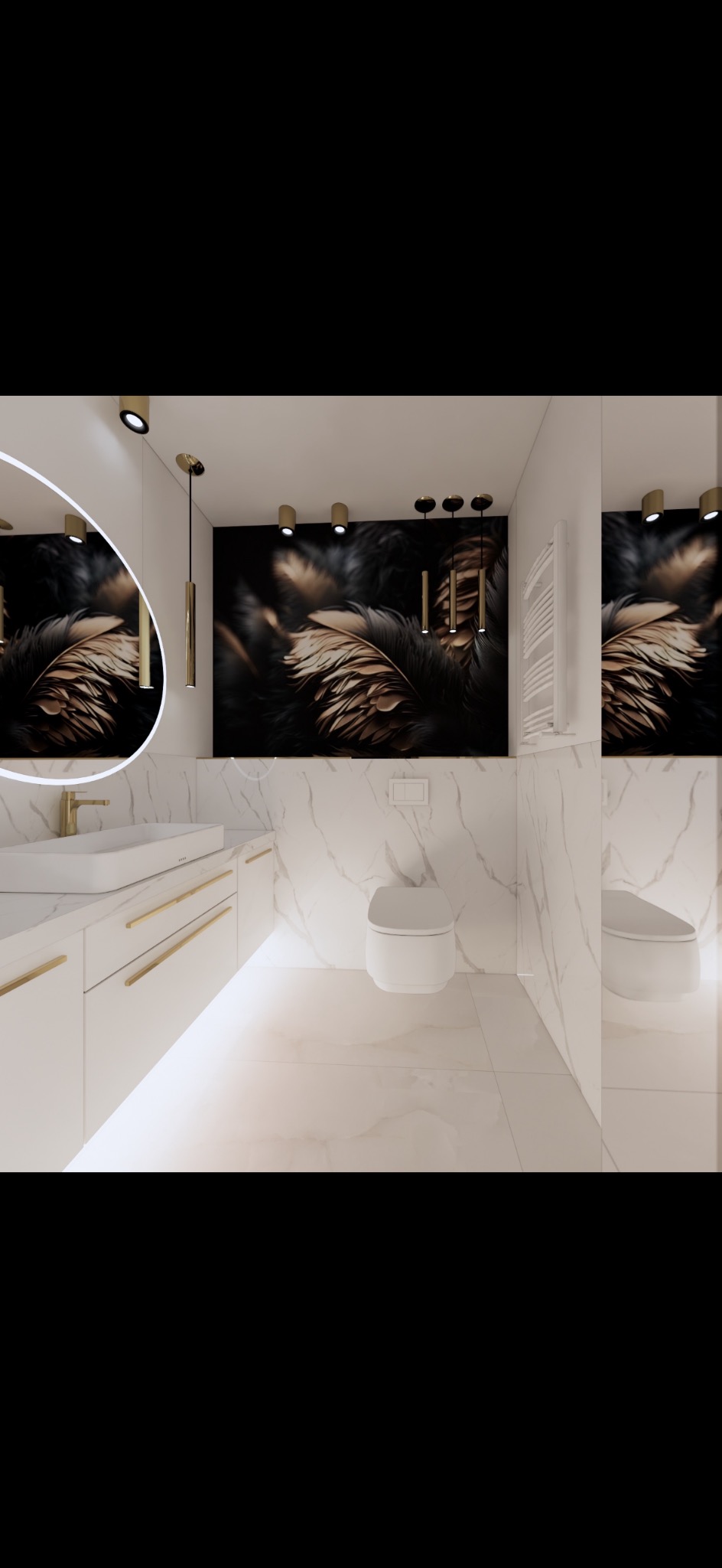 Elegancka łazienka w Łodzi z marmurowymi ścianami, złotymi akcentami i oświetleniem LED pod szafkami. Umywalka nablatowa i lustro w kształcie łuku.