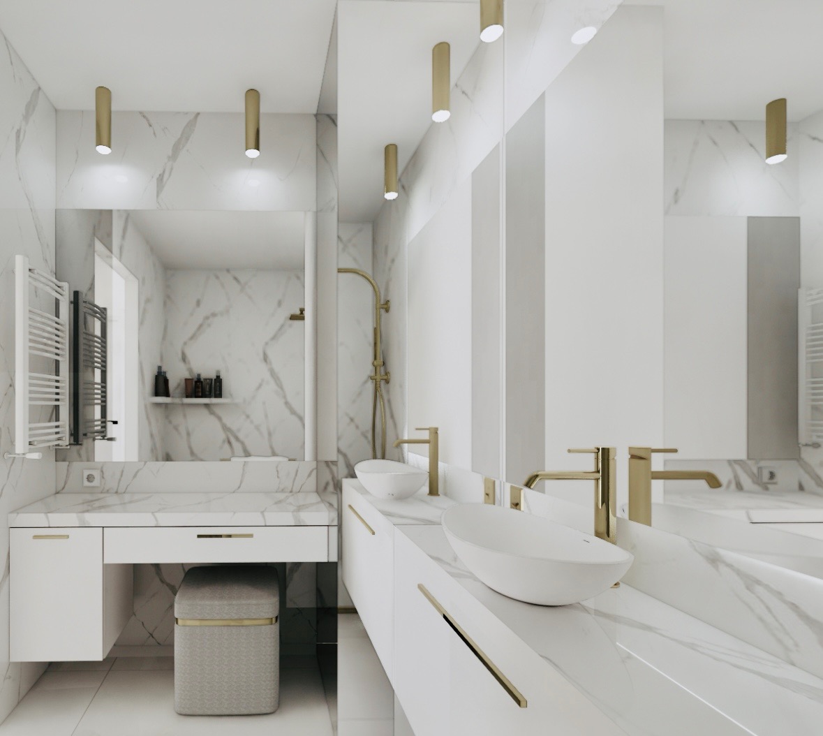 Elegancka łazienka w bieli i marmurze z złotymi akcentami: armatura, oświetlenie punktowe. Umywalki nablatowe i duże lustra, minimalistyczny design.