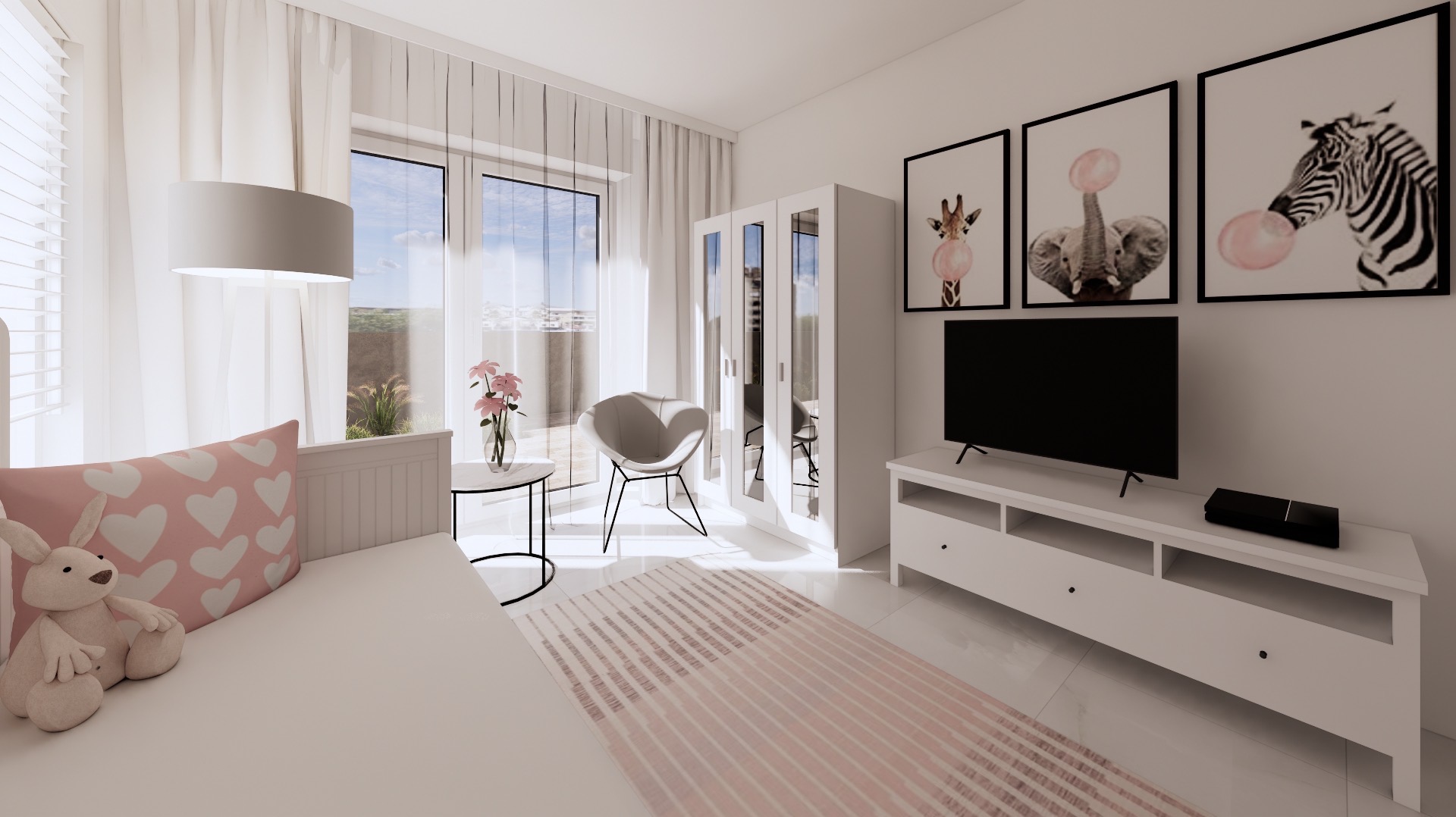 Jasny pokój dziecięcy z łóżkiem, szafą z lustrami, telewizorem i grafikami zwierząt z gumami balonowymi. Minimalistyczny design, pastelowa kolorystyka.