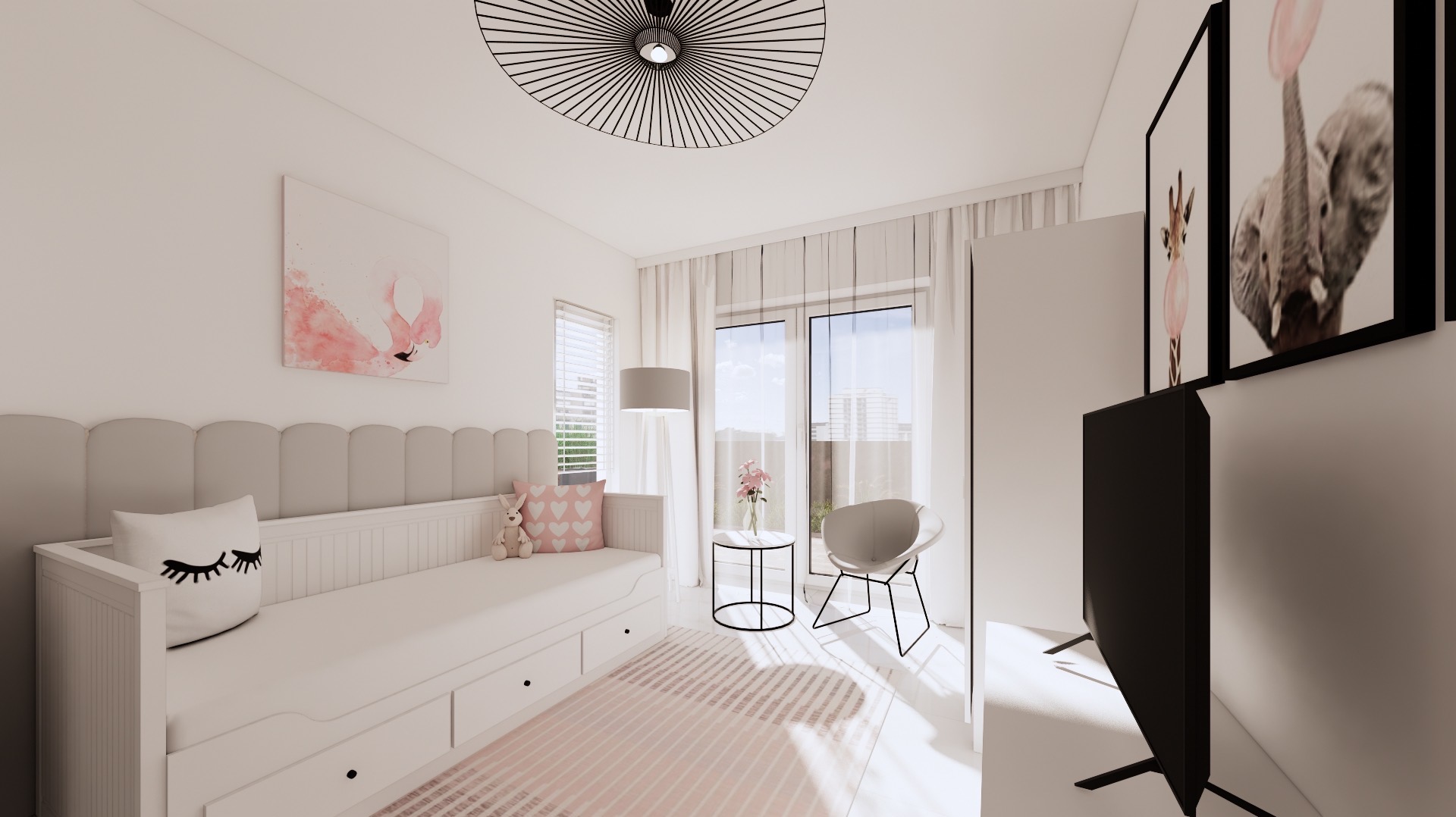 Jasny pokój dziecięcy z łóżkiem, fotelikiem i dekoracjami w odcieniach bieli i różu. Na ścianie obrazy ze zwierzętami. Nowoczesna lampa sufitowa.