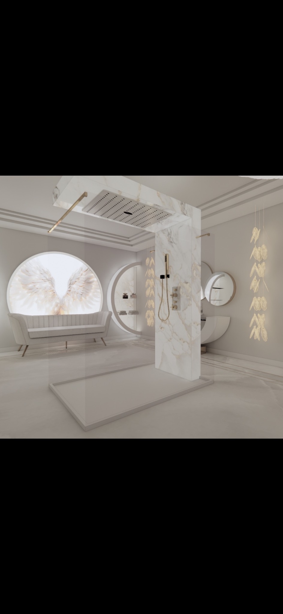 Elegancka łazienka z marmurową kabiną prysznicową typu walk-in, okrągłym oknem z motywem skrzydeł i sofą. Luksusowe wykończenie, oświetlenie dekoracyjne.
