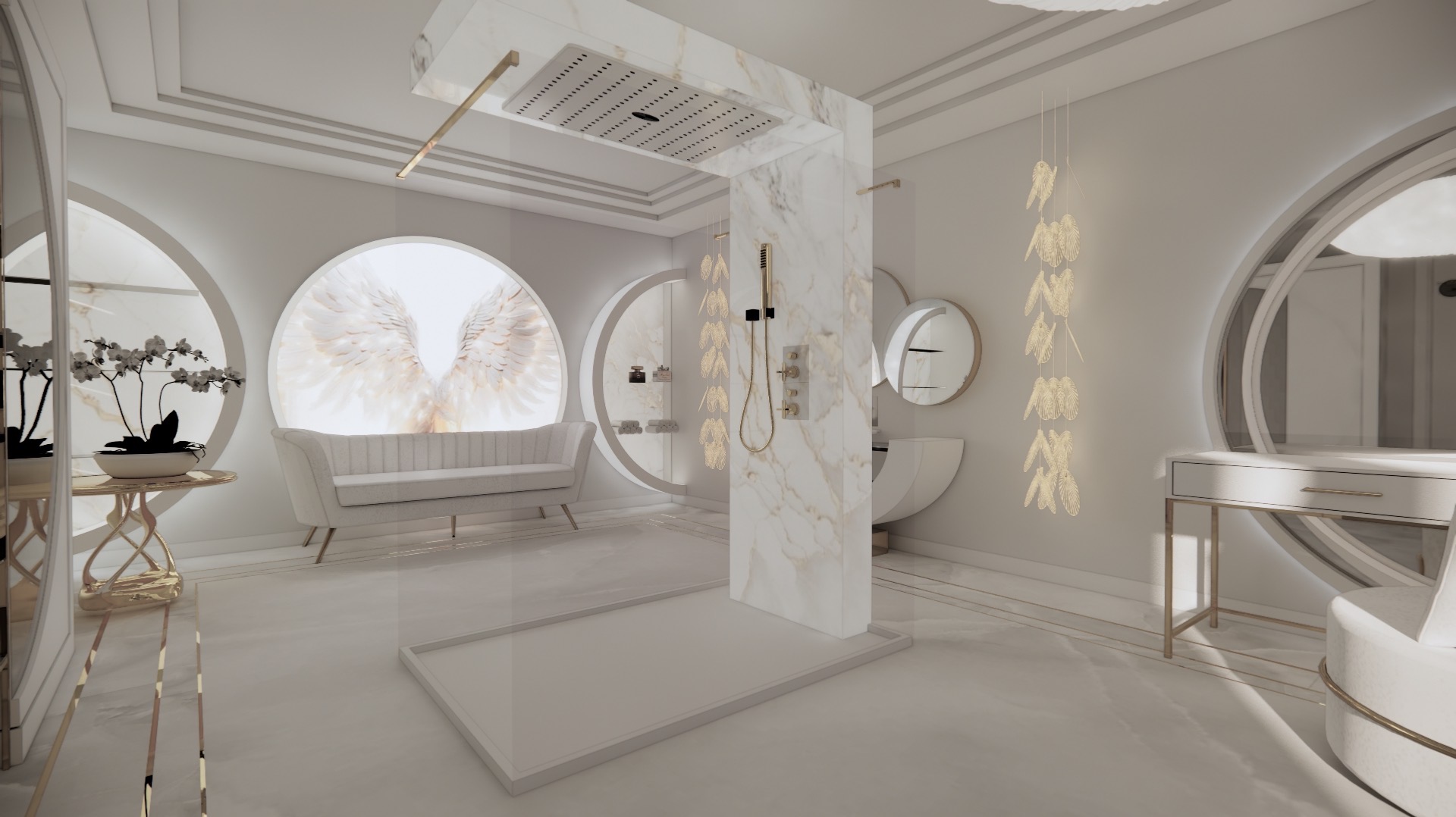 Luksusowa łazienka z marmurowym prysznicem typu walk-in, okrągłymi oknami z motywem skrzydeł i złotymi akcentami. Nowoczesny design.