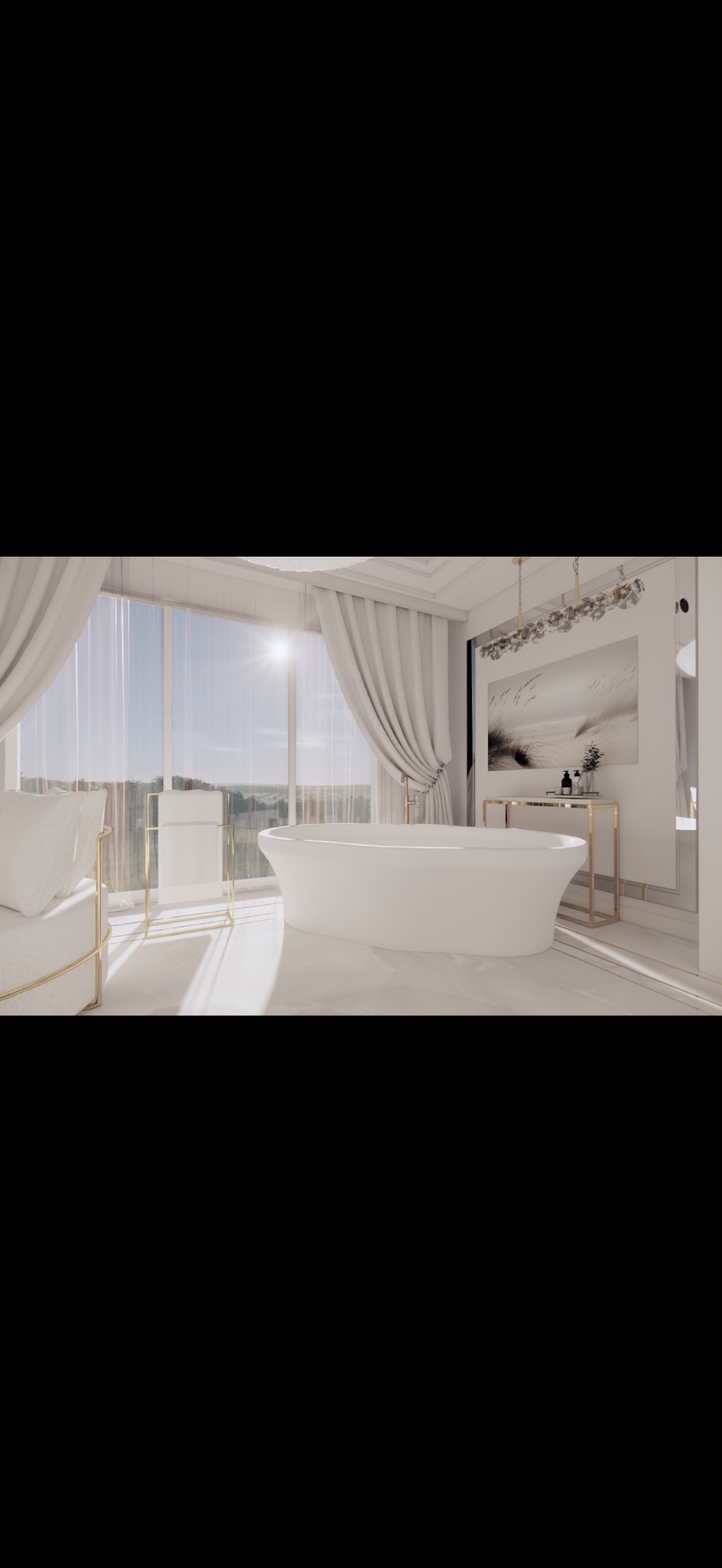 Jasna łazienka z wolnostojącą wanną przy oknie z widokiem. Zasłony w stylu glamour, złote akcenty i minimalistyczny obraz nadają luksusowy charakter.
