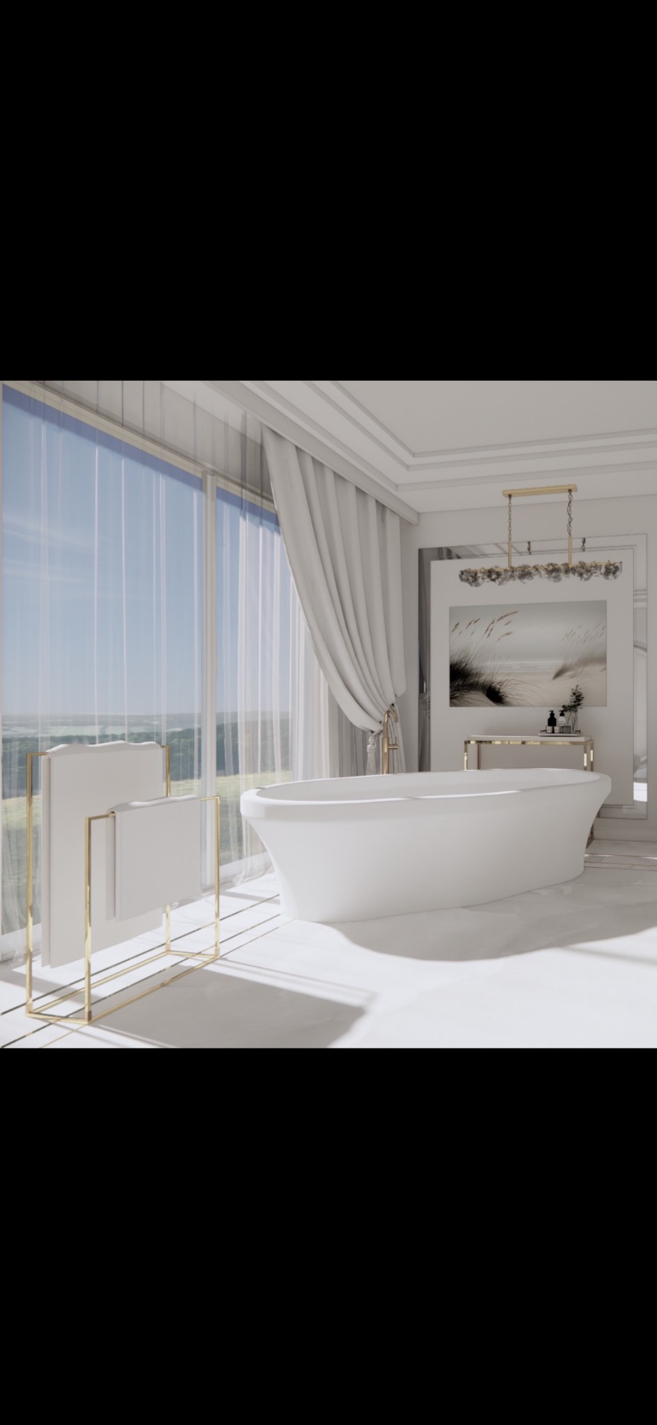 Jasna łazienka z wolnostojącą wanną i dużym oknem, przez które widać zieleń. Złote akcenty w postaci wieszaka na ręczniki i elementów dekoracyjnych.