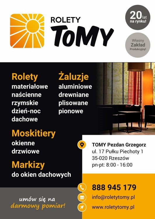 Reklama firmy Rolety ToMy z ofertą rolet, żaluzji, markiz i moskitier. W tle aranżacja wnętrza z żaluzjami i lampami. Informacje kontaktowe i hasło: Darmowy pomiar.