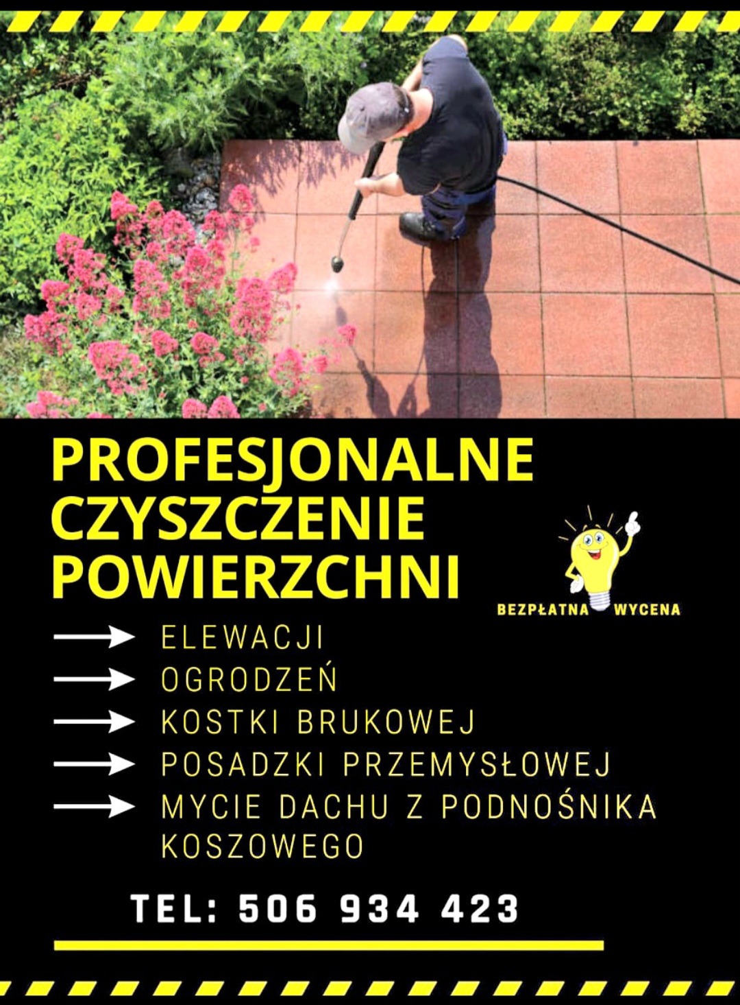 Czyszczenie kostki brukowej pod wysokim ciśnieniem. Widok z góry na pracownika w trakcie pracy, zieleń w tle. Reklama z numerem telefonu i hasłem: Bezpłatna wycena.
