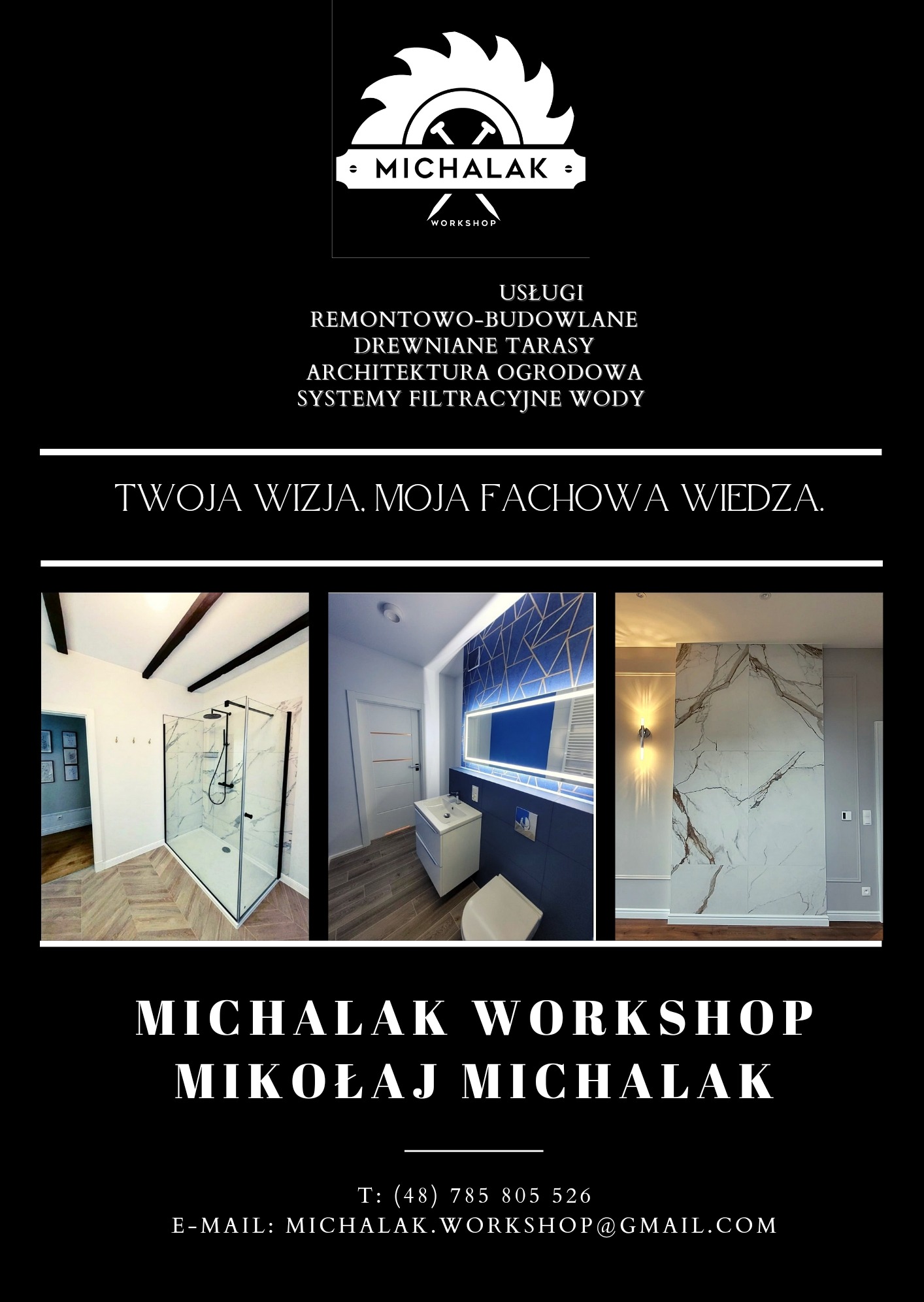 Usługi remontowo-budowlane: aranżacje łazienek w kadrach na czarnym tle z logo firmy 'Michalak Workshop'. Widoczne kabiny prysznicowe, umywalki i płytki.