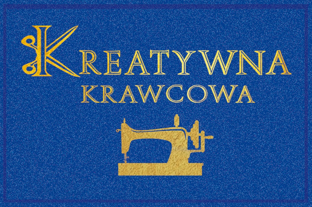 Złoty logotyp: litera K z nożyczkami, napis 'Kreatywna Krawcowa', maszyna do szycia na niebieskim tle z teksturą. Grafika reklamowa.