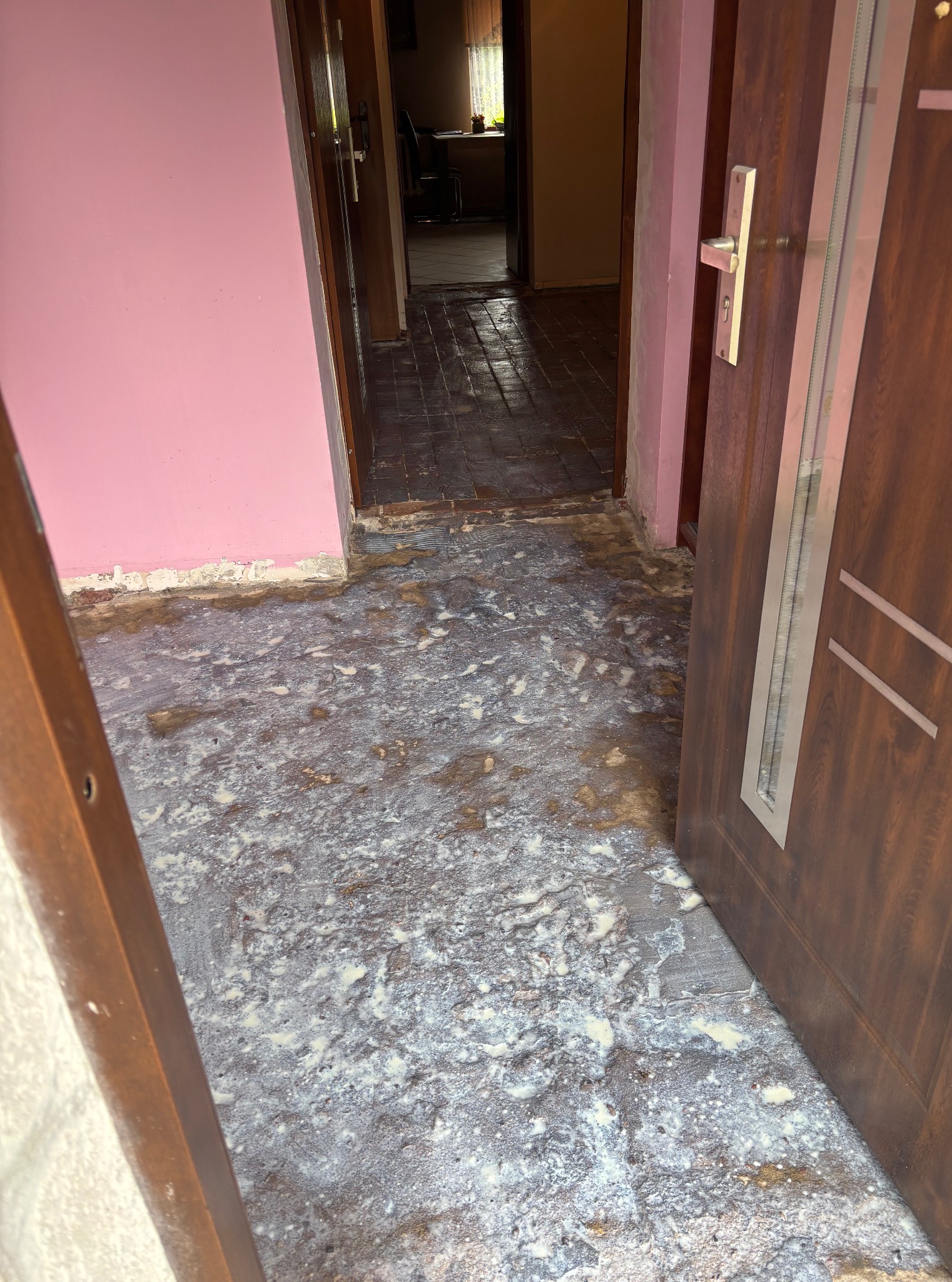 Przygotowanie podłoża: wylewka samopoziomująca na nierównej posadzce, widok z perspektywy otwartych drzwi wejściowych, różowa ściana w tle.