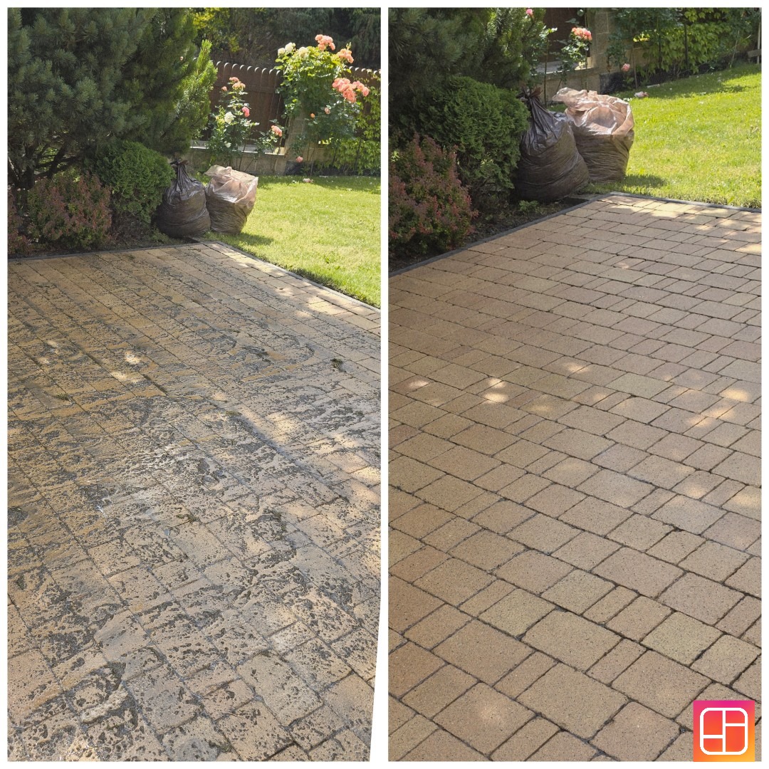 Zdjęcie 'przed i po' czyszczenia kostki brukowej na podjeździe, z widocznymi workami na zanieczyszczenia i elementami zieleni w tle. Efekt po czyszczeniu jest wyraźnie widoczny.