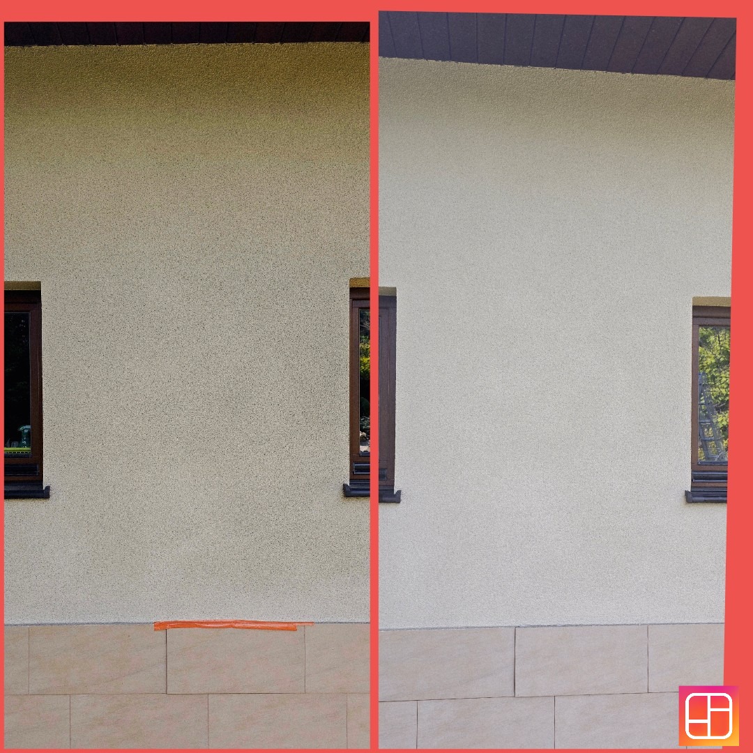 Elewacja budynku przed i po czyszczeniu, widoczne różnice w kolorze i strukturze tynku, brązowe okna.