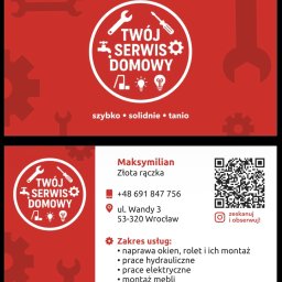 Maksymilian MAKSYM STASIUK - Wizytówka 'Twój Serwis Domowy' z zakresem usług: naprawa okien, prace hydrauliczne, elektryczne i montaż mebli. Szybko, solidnie, tanio. Kontakt: Maksymilian, złota rączka.