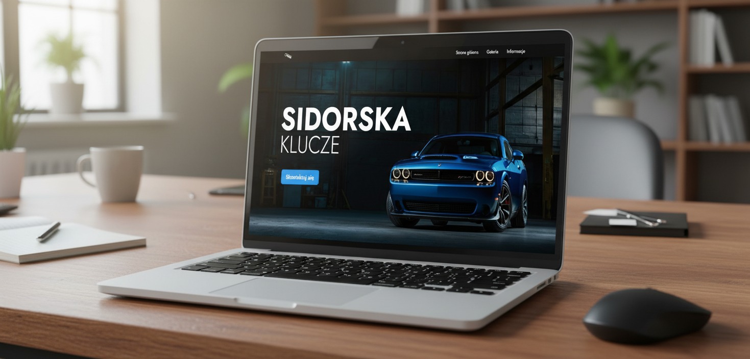 Laptop na biurku prezentuje stronę internetową 'Sidorska Klucze' z niebieskim samochodem w tle. Minimalistyczny design, dominuje biel i błękit. Widok z bliska, oświetlenie dzienne.