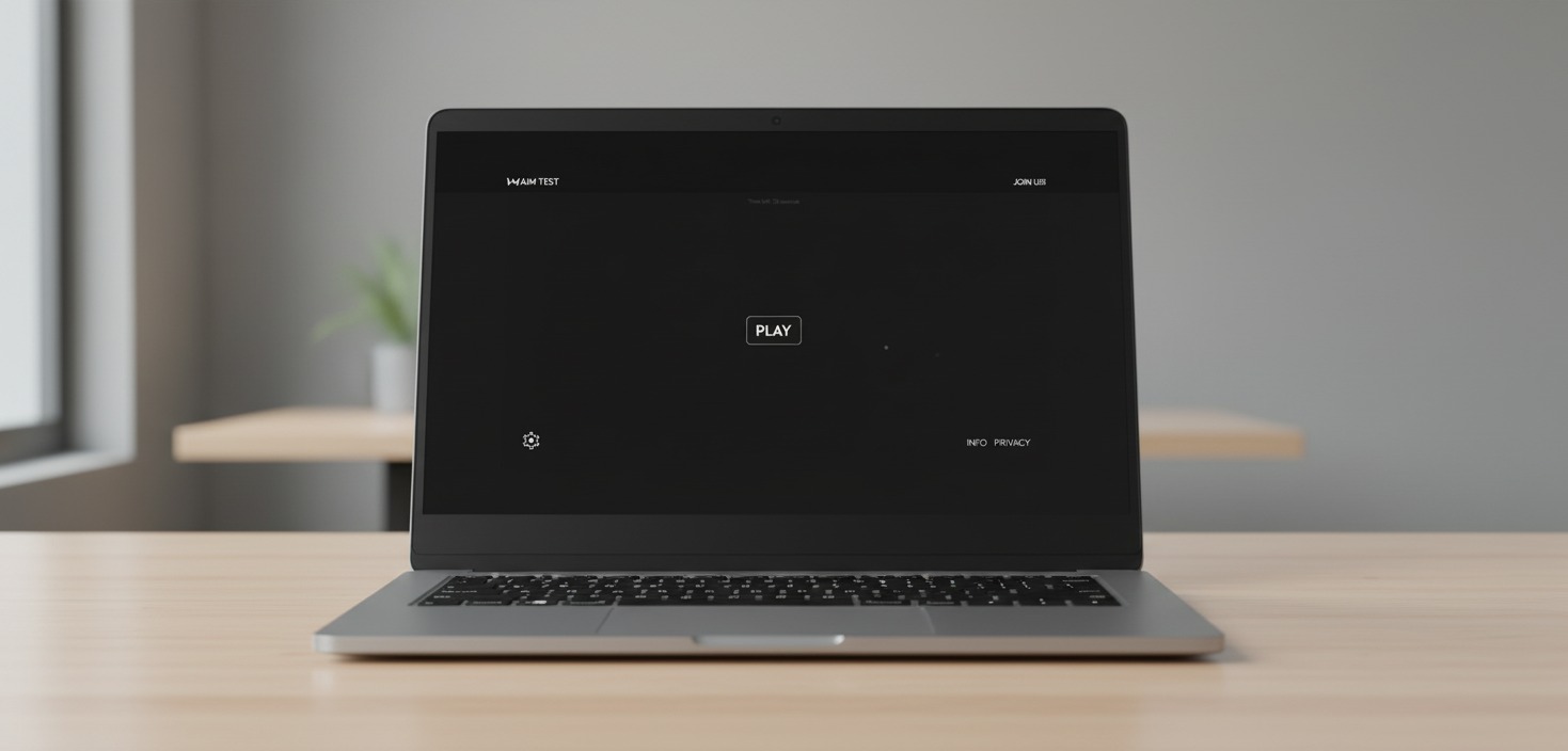 Laptop z czarnym ekranem prezentujący stronę trainforaim.com na drewnianym biurku w Białej Podlaskiej. Minimalistyczny design, nowoczesny wygląd.