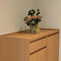 Nowoczesna szafka z drewna z dekoracyjnym wazonem na blacie. Minimalistyczny design, ciepłe oświetlenie, widoczne usłojenie drewna.