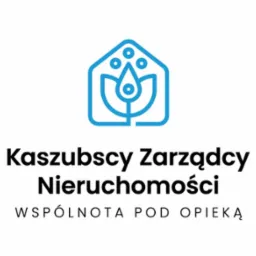 Logo firmy Kaszubscy Zarządcy Nieruchomości z niebieskim symbolem domu i rośliny oraz napisem 'Wspólnota pod opieką'.