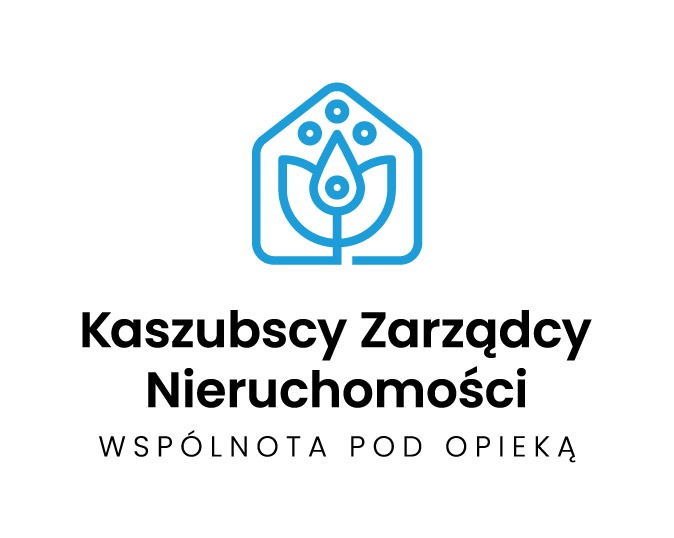 Logo firmy Kaszubscy Zarządcy Nieruchomości z niebieskim symbolem domu i rośliny oraz napisem 'Wspólnota pod opieką'.