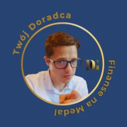 Portret doradcy finansowego w okręgu z napisem 'Twój Doradca Finanse na Medal' na niebieskim tle. Mężczyzna w okularach wskazuje palcem.