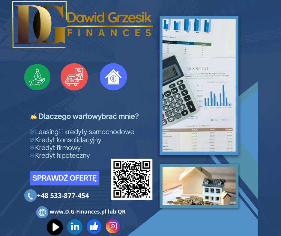 Baner reklamowy Dawida Grzesika Finances: leasingi i kredyty samochodowe, kredyt konsolidacyjny, firmowy i hipoteczny. Kalkulator, wykresy finansowe i model domu.