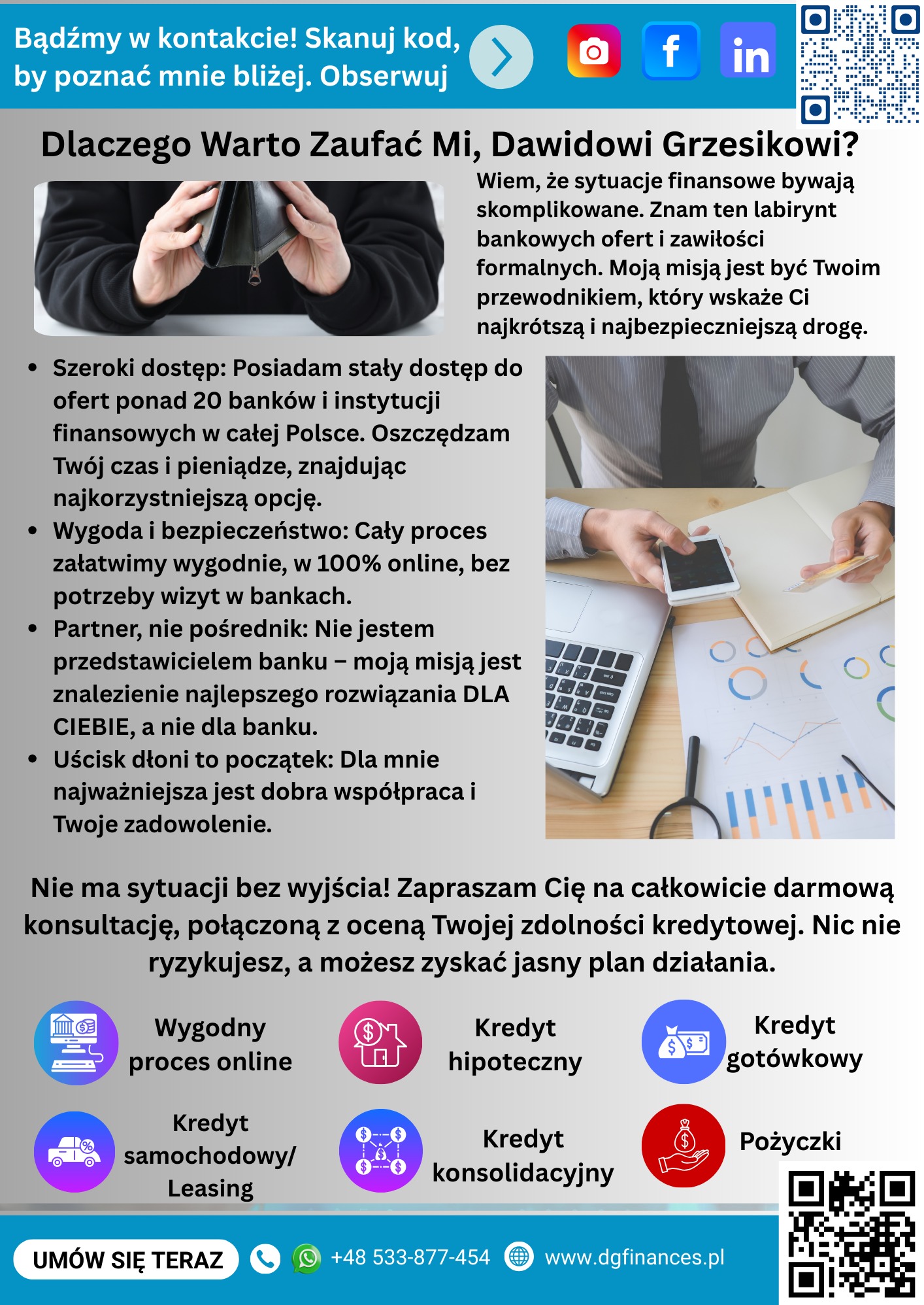 Grafika reklamowa doradcy finansowego: puste portfele, analiza wykresów, laptop, telefon, ikony kredytów. Darmowa konsultacja zdolności kredytowej.