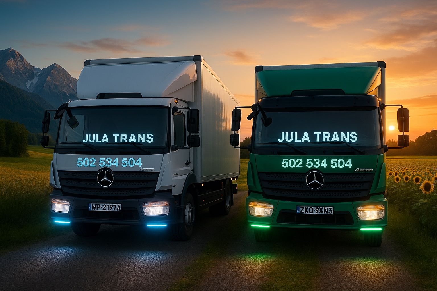 Dwa samochody ciężarowe firmy JULA TRANS (biały i zielony) na tle malowniczego krajobrazu z górami i polem słoneczników o zachodzie słońca.