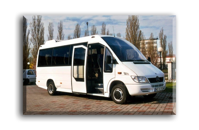 Biały minibus Mercedes-Benz Sprinter z otwartymi drzwiami, zaparkowany na kostce brukowej, drzewa w tle.