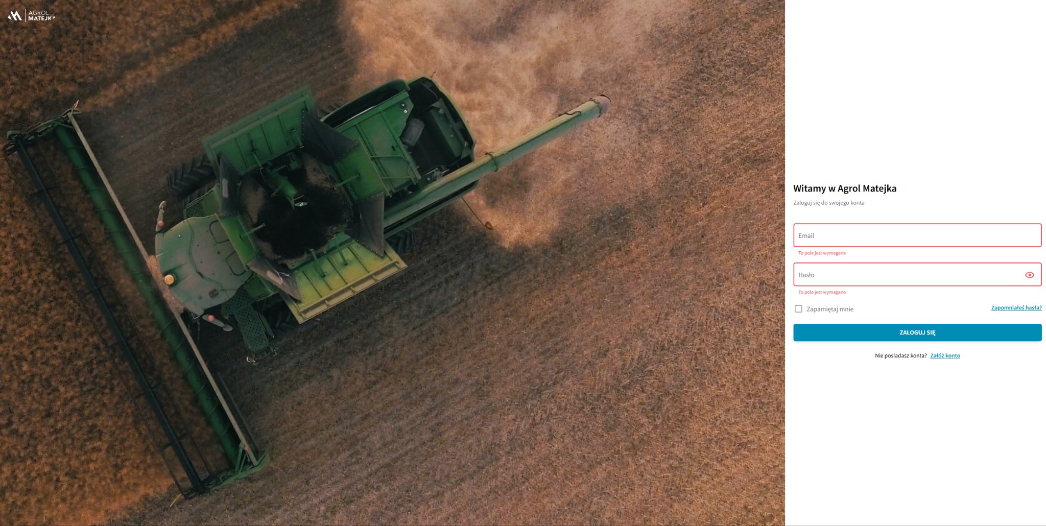 Zdjęcie z drona przedstawia zielony kombajn zbożowy pracujący na polu. Po prawej stronie widoczny formularz logowania do Agrol Matejka.
