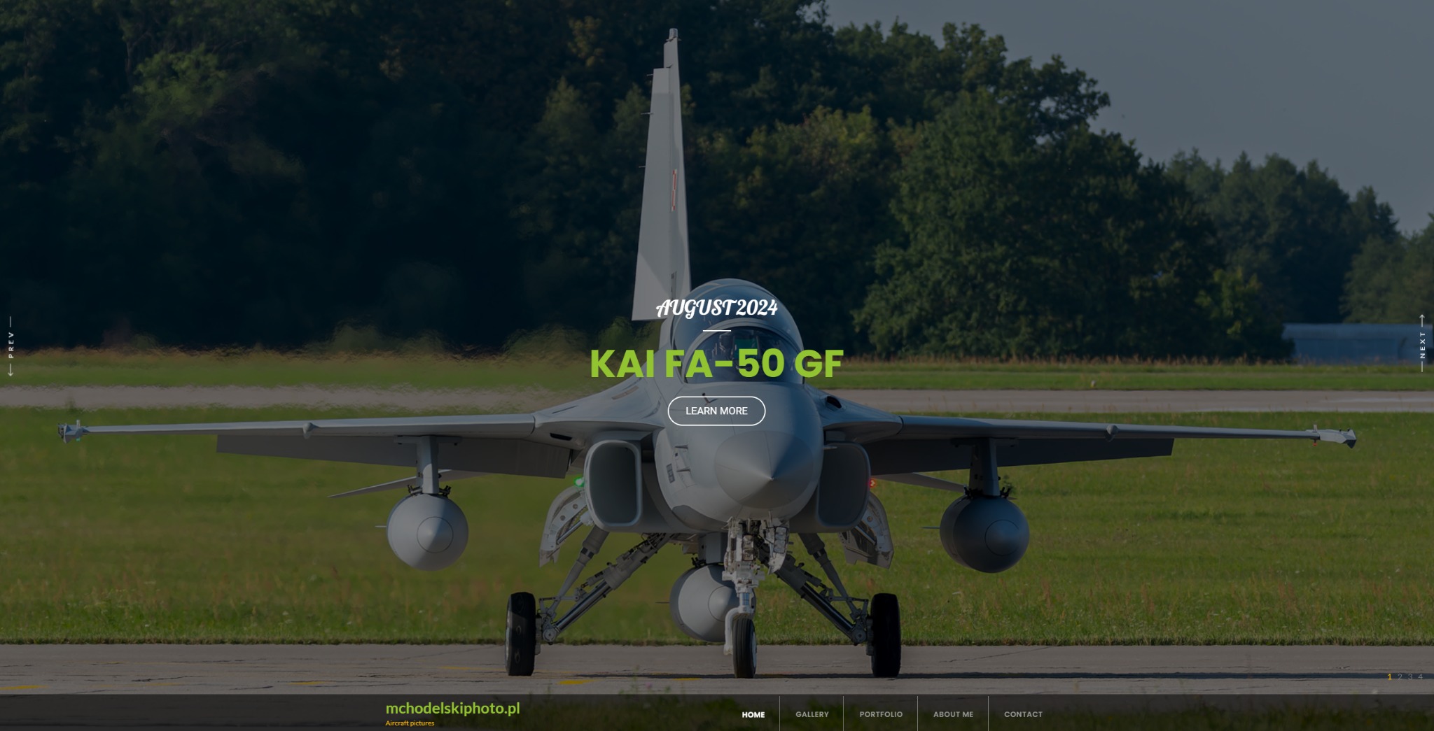 Zdjęcie samolotu KAI FA-50 GF na płycie lotniska, z zielonym tłem drzew i trawy. Na zdjęciu widoczny napis 'AUGUST 2024' i przycisk 'LEARN MORE'.