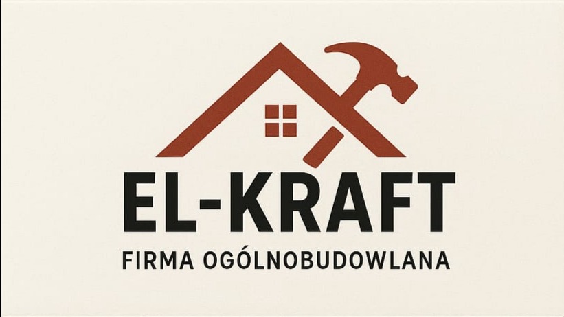 Grafika z logotypem firmy 'EL-KRAFT' z symbolem dachu i młotka, oraz napisem 'FIRMA OGÓLNOBUDOWLANA' na beżowym tle.