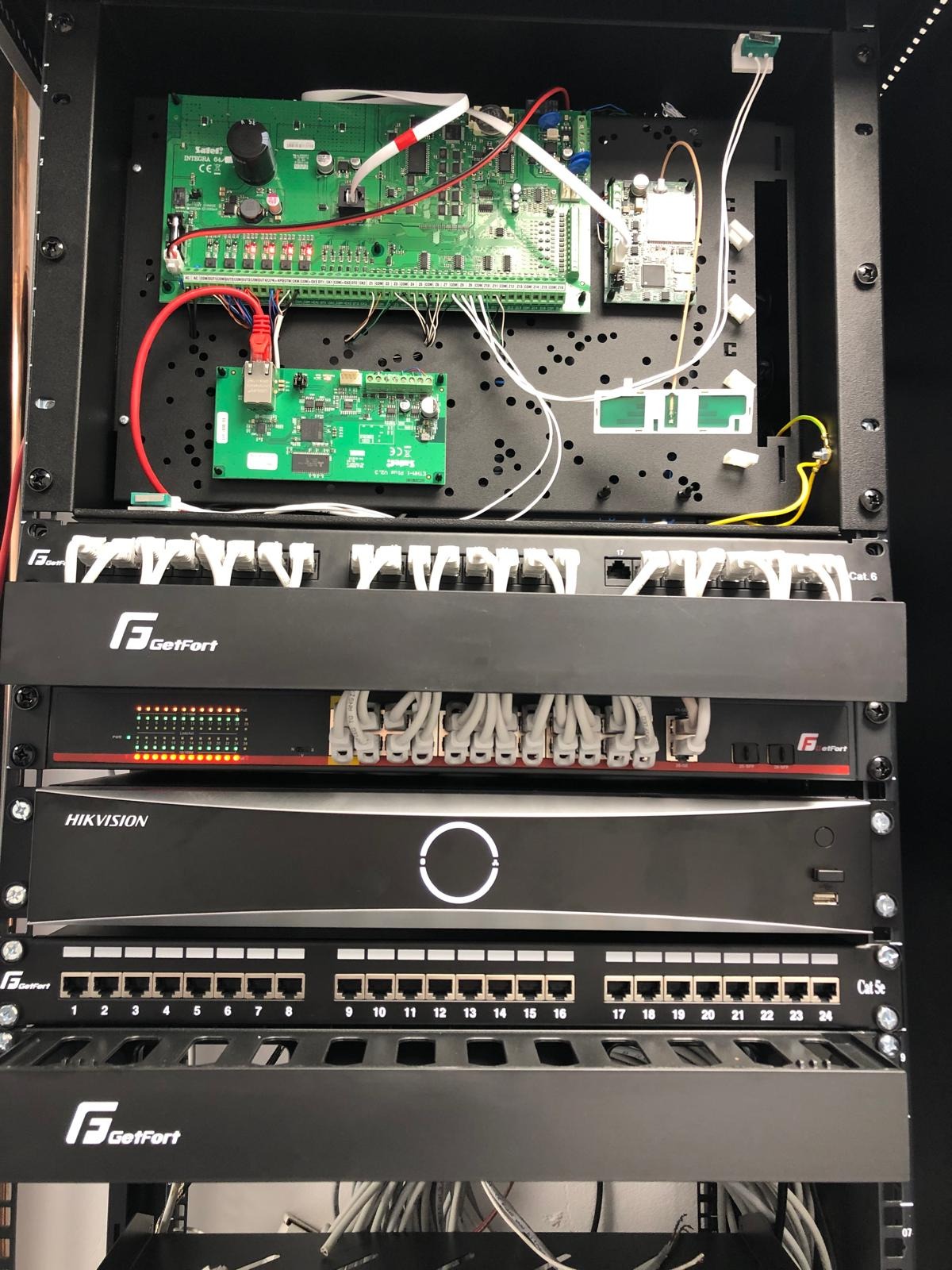 Montaż na jednaj z inwestycji, szafa rack wraz z systemem alarmowym, systemem monitoringu oraz sieci IT.