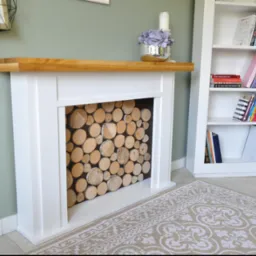 Biały, dekoracyjny kominek z drewnianym blatem, wypełniony pociętymi kawałkami drewna. W tle regał z książkami i dywan w kwiatowy wzór.