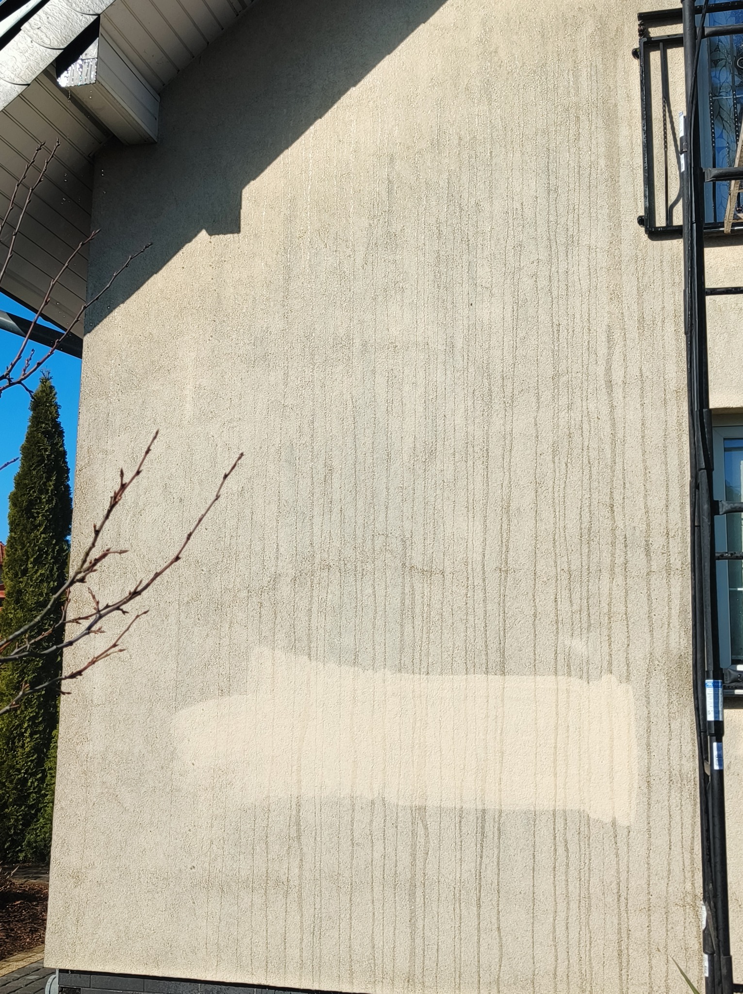 Fragment elewacji budynku z widocznym obszarem po czyszczeniu, z zaciekami i zabrudzeniami. Elementy architektury i roślinność w tle.