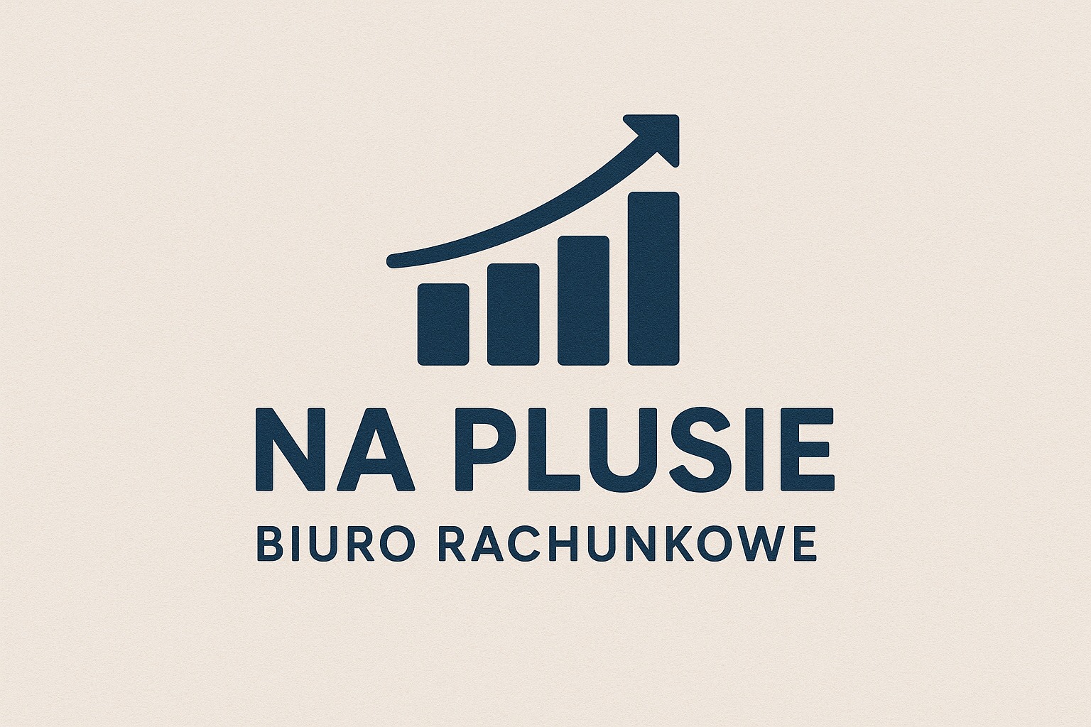 Logo biura rachunkowego 'Na Plusie' z grafiką słupków wzrostu i strzałką w górę, na kremowym tle. Ciemnoniebieski font.