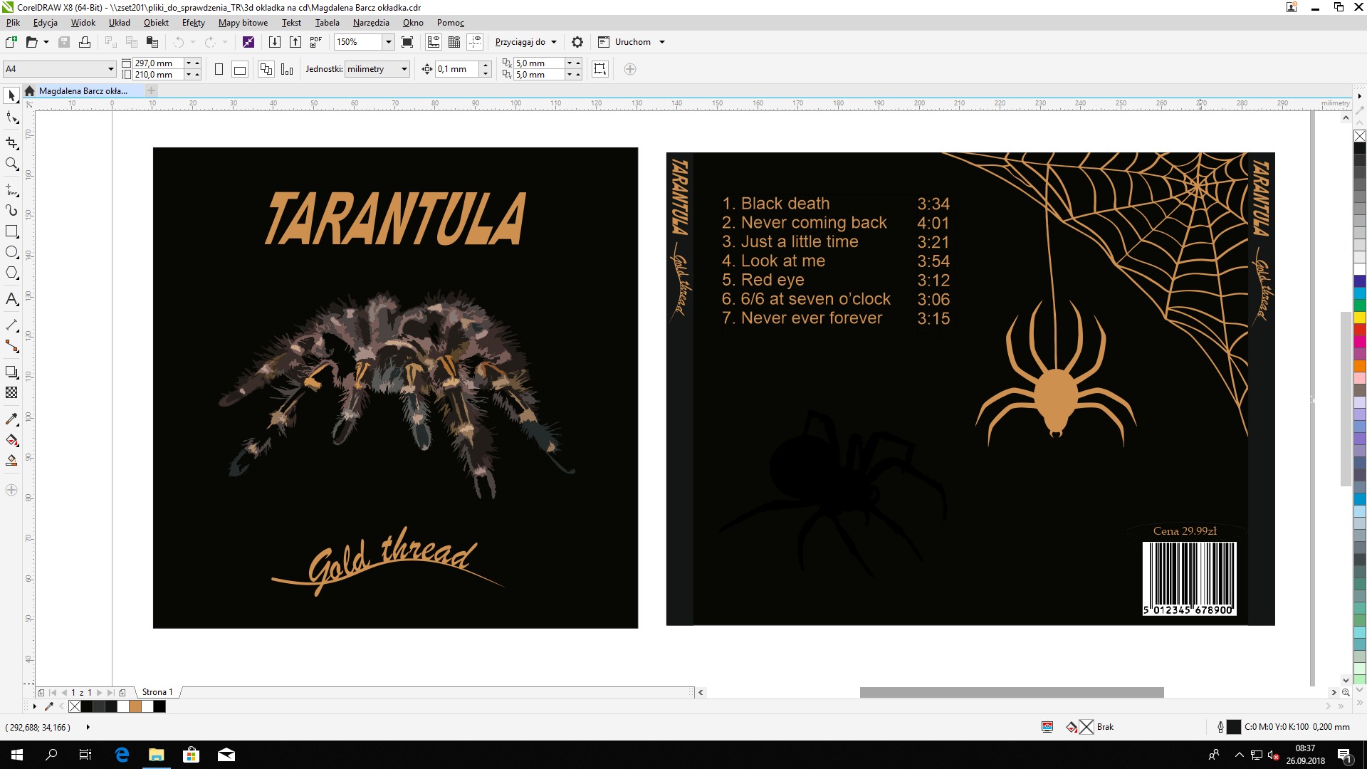 Projekt okładki albumu muzycznego 'Tarantula Gold thread' z ilustracją pająka i pajęczyny na czarnym tle, widoczne narzędzia programu graficznego CorelDRAW.