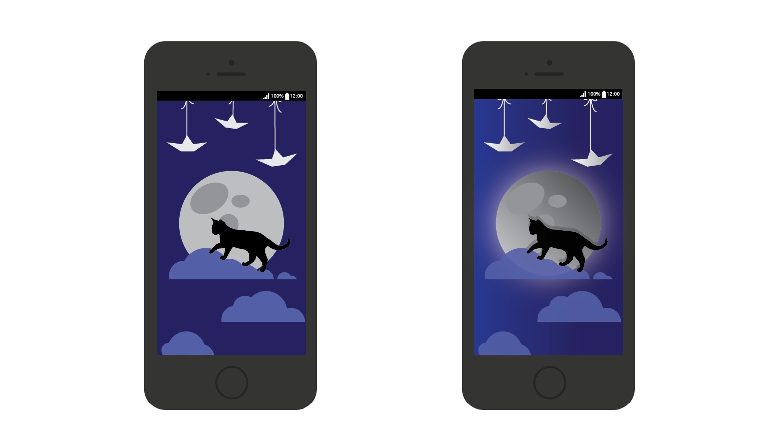 Dwa smartfony z identycznym, graficznym tłem: czarny kot na chmurach pod księżycem i origami w nocnym krajobrazie. Ilustracja na ekranie urządzenia mobilnego.