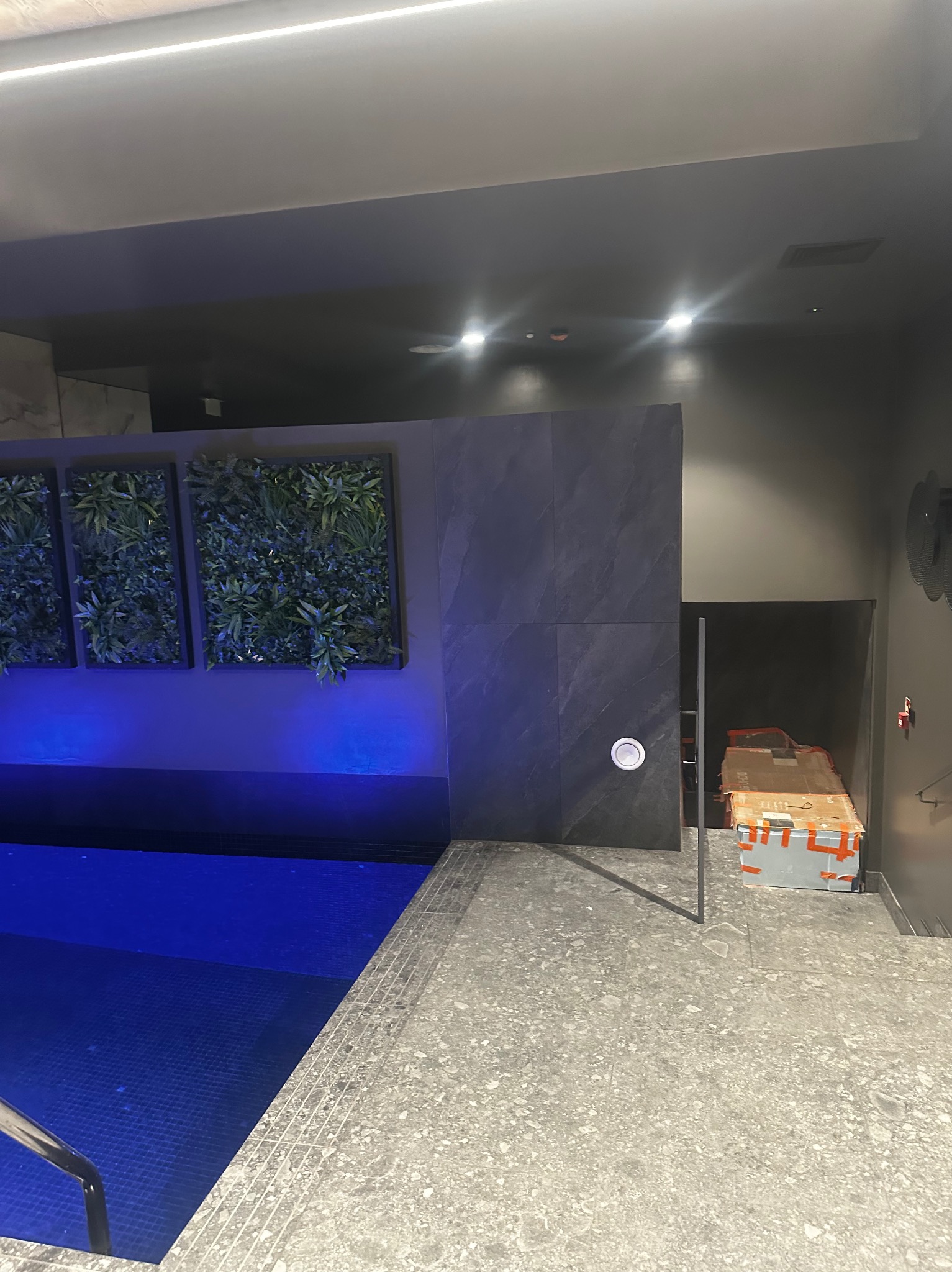 Nowoczesne wnętrze z basenem oświetlonym na niebiesko, dekoracyjne panele z roślinnością i skrzynka narzędziowa w tle, sugerująca prace instalacyjne.