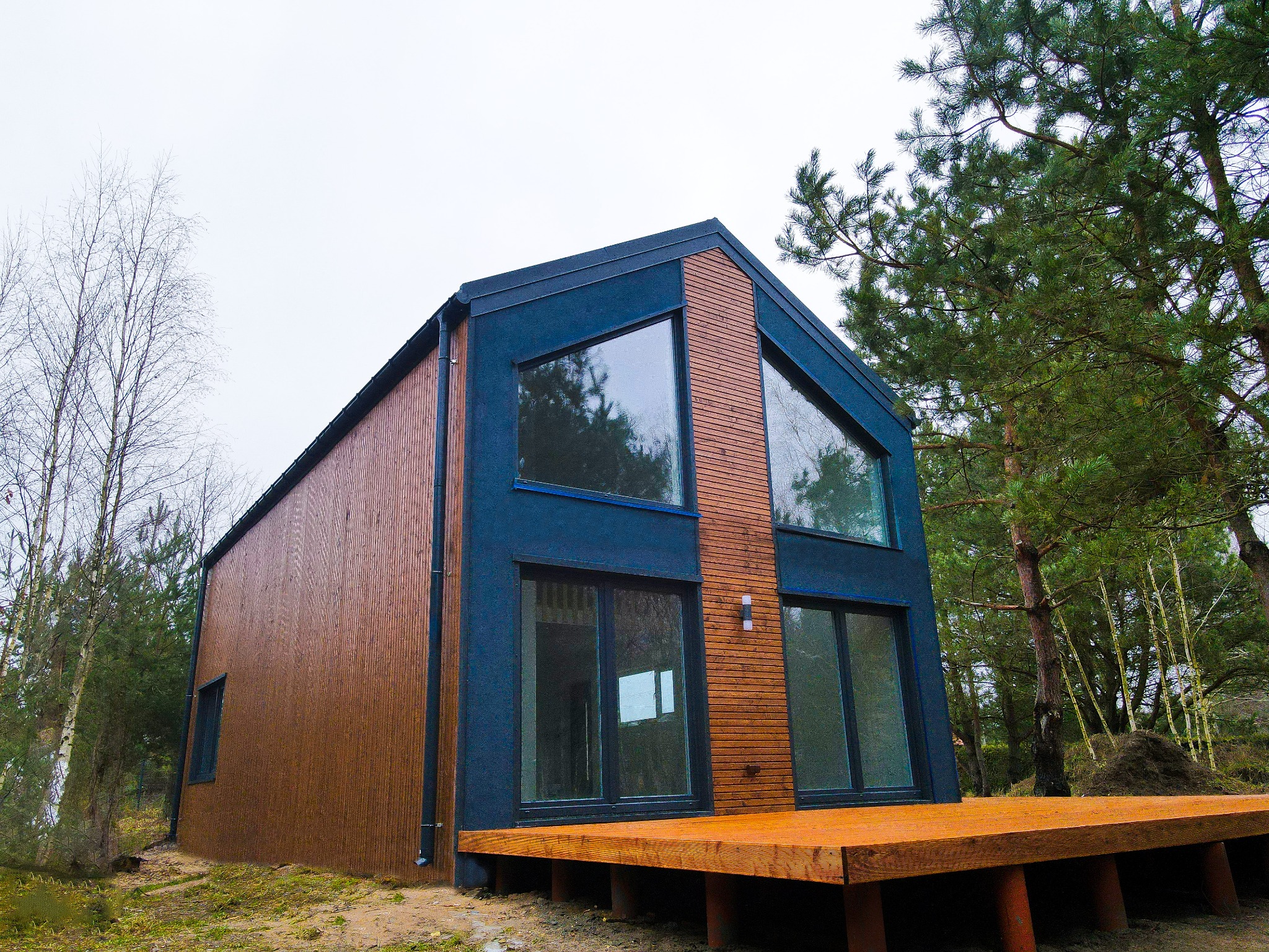 Nowoczesny dom szkieletowy z drewnianym tarasem i dużymi oknami, otoczony drzewami na tle pochmurnego nieba. Widoczne detale elewacji i konstrukcji.