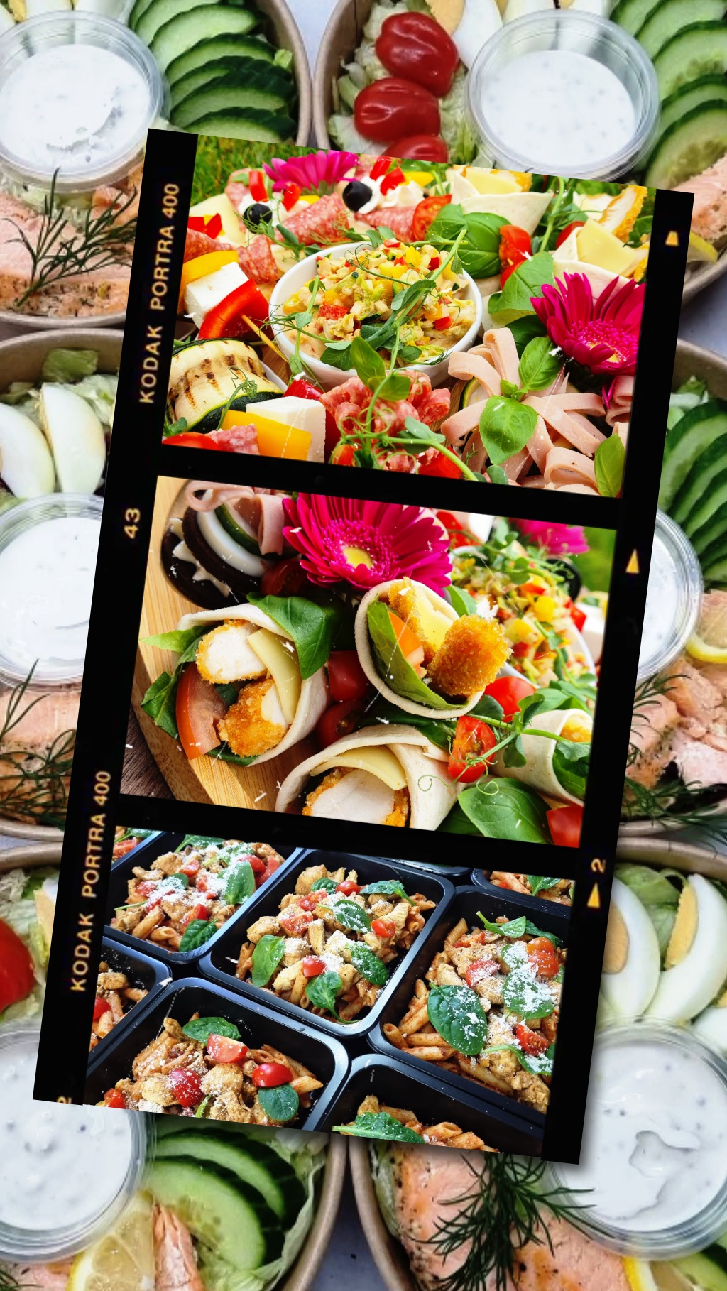 Kolaż z trzech ujęć: przekąski (sery, wędliny, warzywa), tortille z kurczakiem i sałatką, makaron z sosem i warzywami. Całość w opakowaniach cateringowych.