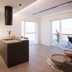 InArt EWELINA GOŁEMBIEWSKA - Nowoczesne wnętrze mieszkania z aneksem kuchennym, drewnianym blatem i czarnym okapem. Widok na balkon z rośliną i miasto w tle przez duże okna.