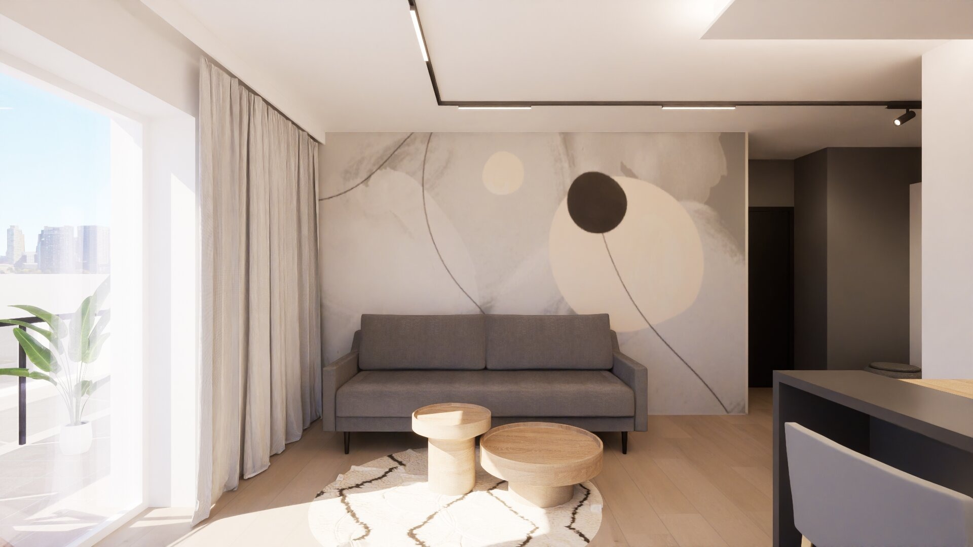 Nowoczesny salon z szarą sofą, okrągłymi stolikami kawowymi i abstrakcyjną tapetą w odcieniach beżu i szarości. Duże okno z widokiem na miasto.
