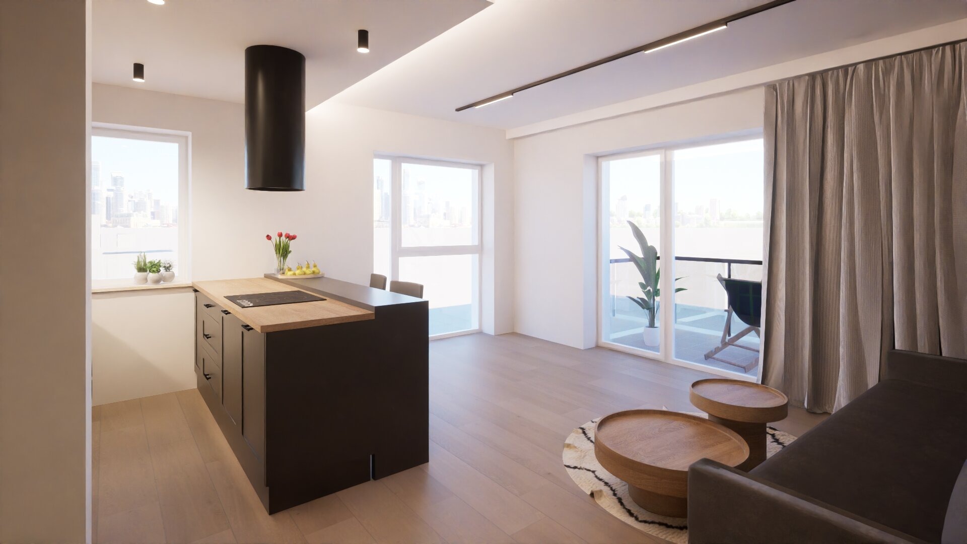 Nowoczesne wnętrze mieszkania z aneksem kuchennym, drewnianym blatem i czarnym okapem. Widok na balkon z rośliną i miasto w tle przez duże okna.