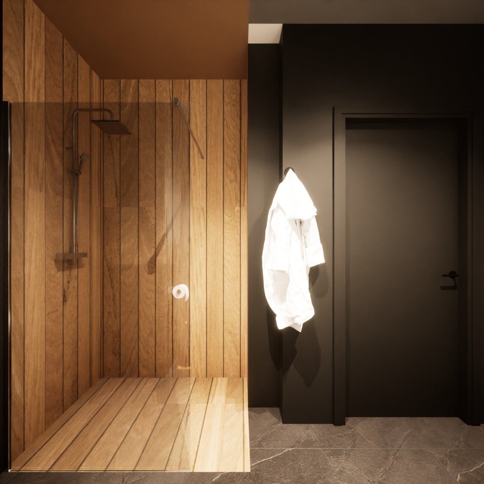 Nowoczesna łazienka z drewnianą kabiną prysznicową za szkłem, ciemnoszarą ścianą i podłogą z marmurowym wzorem. Biały szlafrok wisi na ścianie.