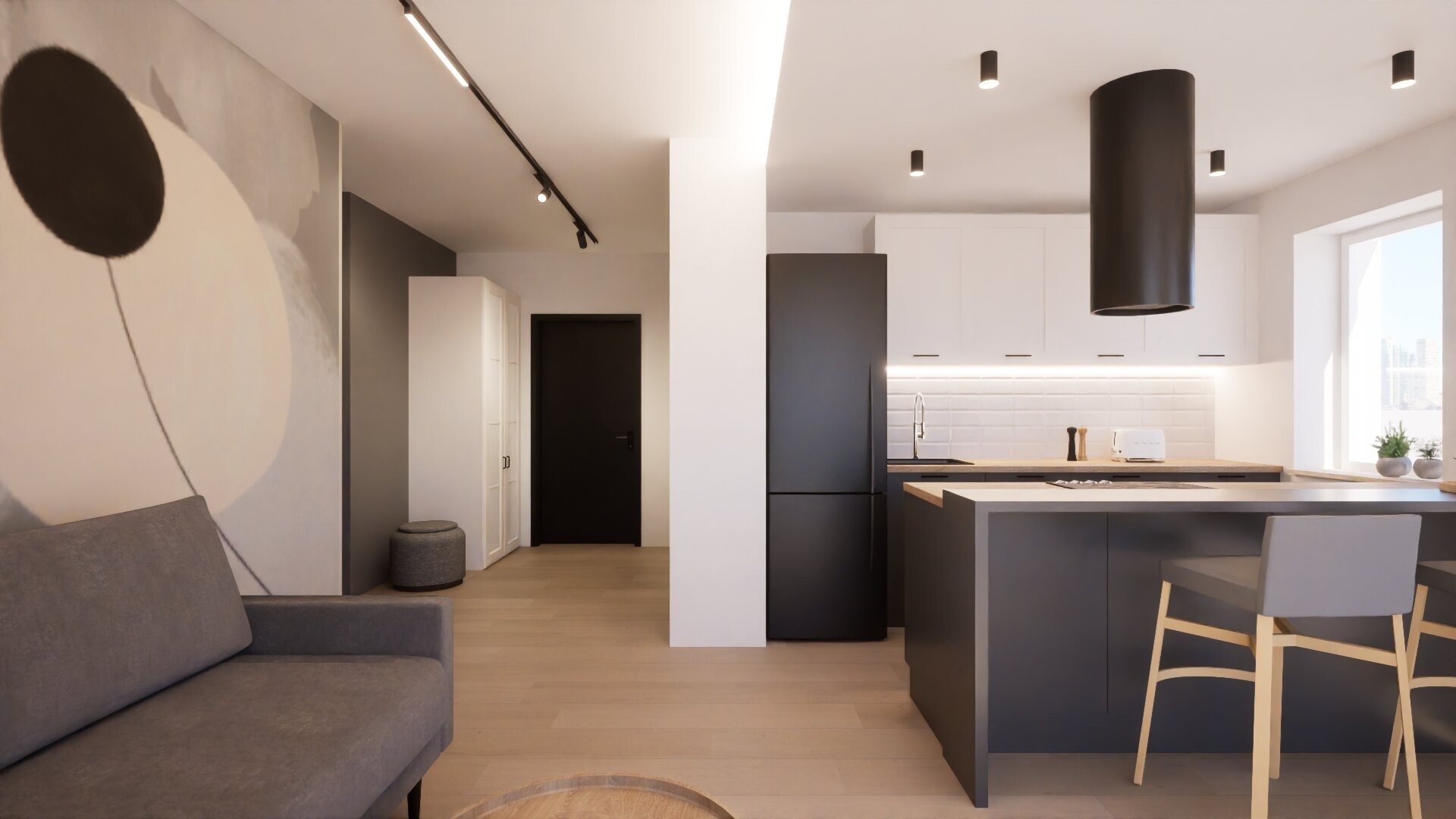Nowoczesne wnętrze mieszkania w Konstantynowie Łódzkim: salon z aneksem kuchennym, szara sofa, minimalistyczna grafika na ścianie, czarne akcenty w kuchni i oświetleniu.