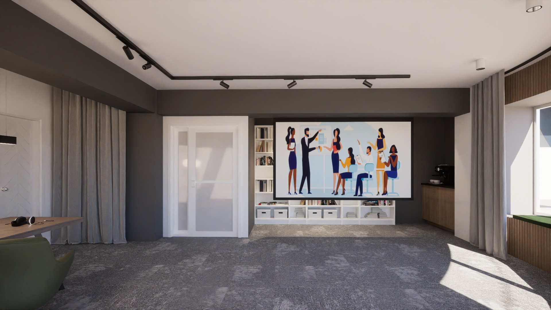 Wizualizacja przestronnego gabinetu z przestrzenią szkoleniową: duży ekran z grafiką, regały, biurko z krzesłem, szare zasłony i dywan.