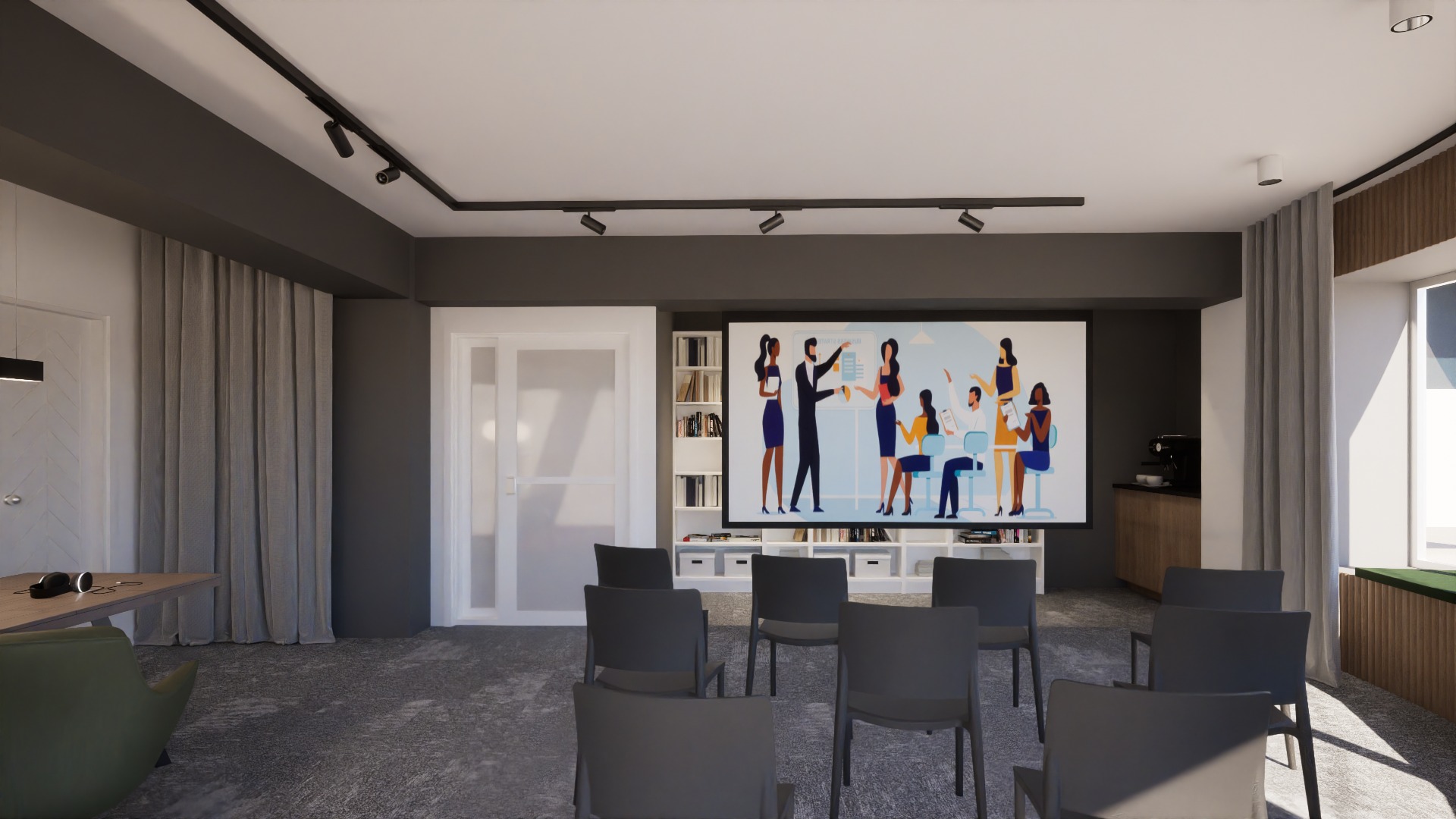 Nowoczesna sala szkoleniowa z projektorem wyświetlającym grafikę zespołu, krzesłami dla uczestników i minimalistycznym oświetleniem punktowym.