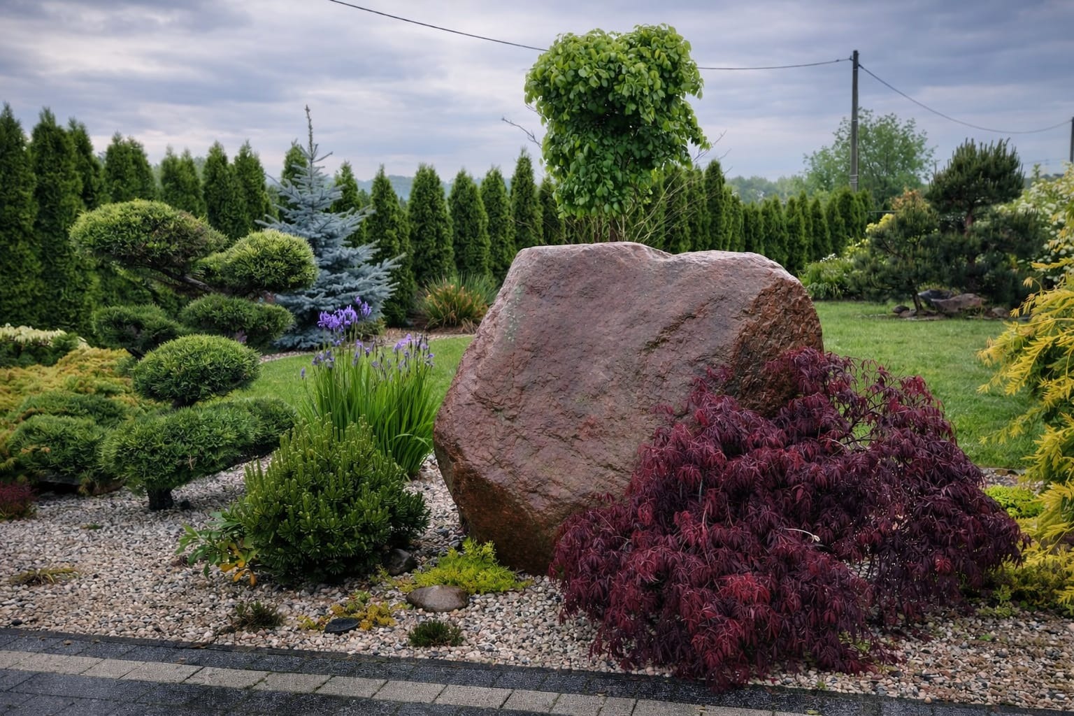 Ukształtowany ogród z dużym kamieniem, ozdobnymi krzewami i tujami w tle, prezentujący aranżację przestrzeni z elementami małej architektury.