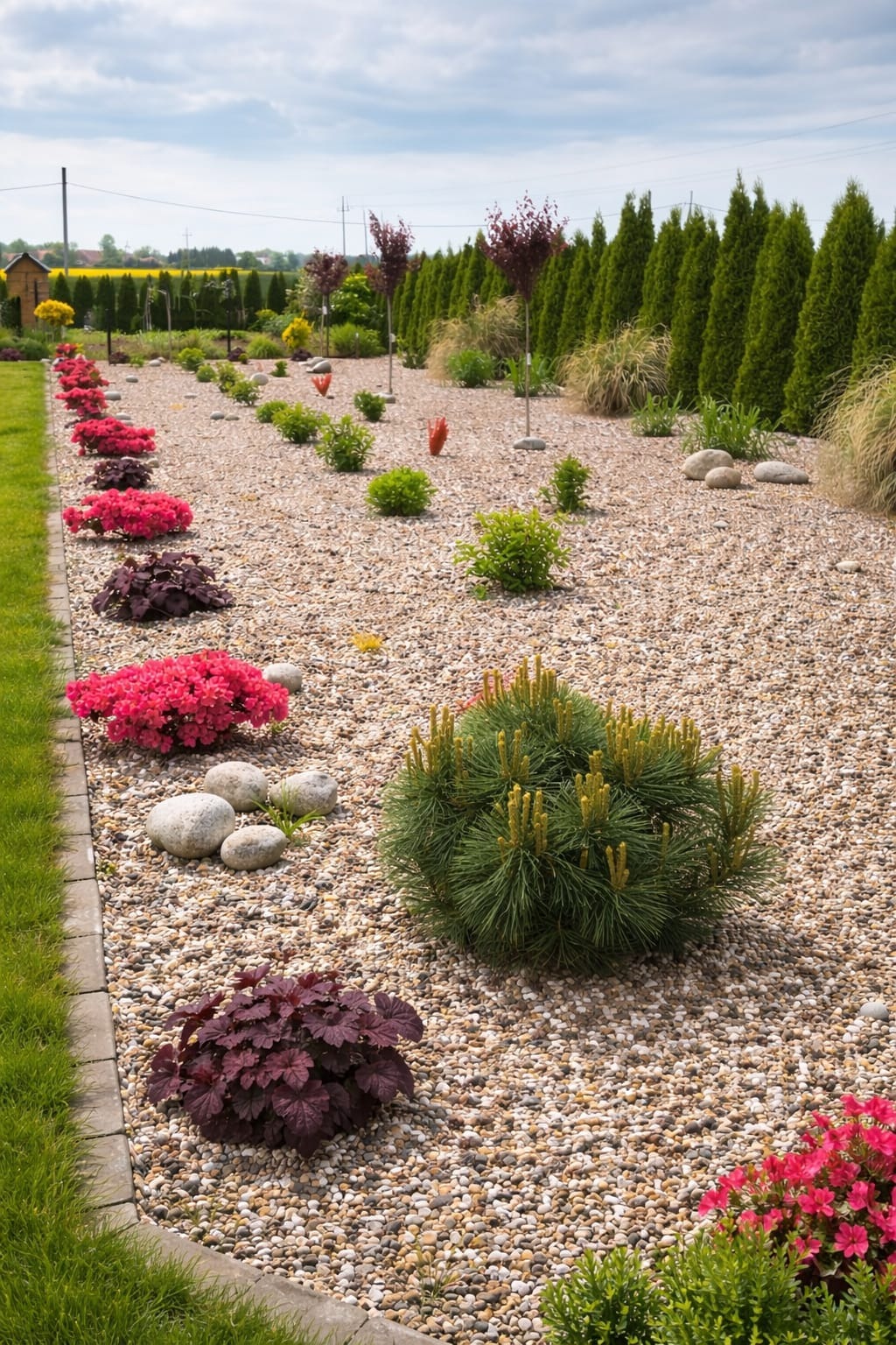 Ogród żwirowy z nasadzeniami: karłowata sosna, azalie, żwir, kamienie, tuje w tle. Kompozycja roślinna w słoneczny dzień.