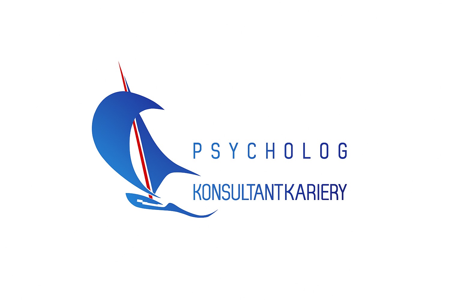 Logo: stylizowany żagiel w odcieniach niebieskiego z czerwonym akcentem, obok napisy 'Psycholog' i 'Konsultant Kariery' w kolorze niebieskim na białym tle.